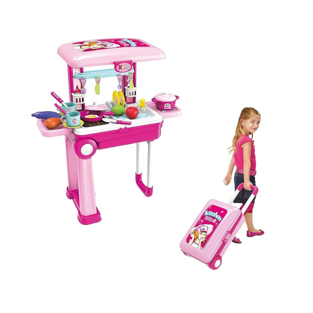 Kitchen Set 2 in 1 Little Chef, Foldable Trolley Kitchen Play Toy Set with Music & Light Kids Carry case Set, Pretend Luggage Kit Suitcase Travel Suitcase