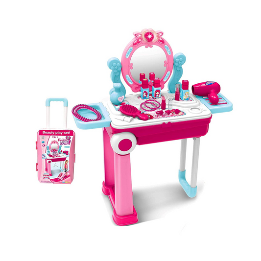 Beauty Makeup Kit for Doll Girls Cosmetic Set 2 in 1 Vanity Table Portable Trolley Pretend Play Set Toy with Make up Accessories