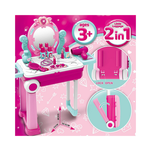 Beauty Makeup Kit for Doll Girls Cosmetic Set 2 in 1 Vanity Table Portable Trolley Pretend Play Set Toy with Make up Accessories