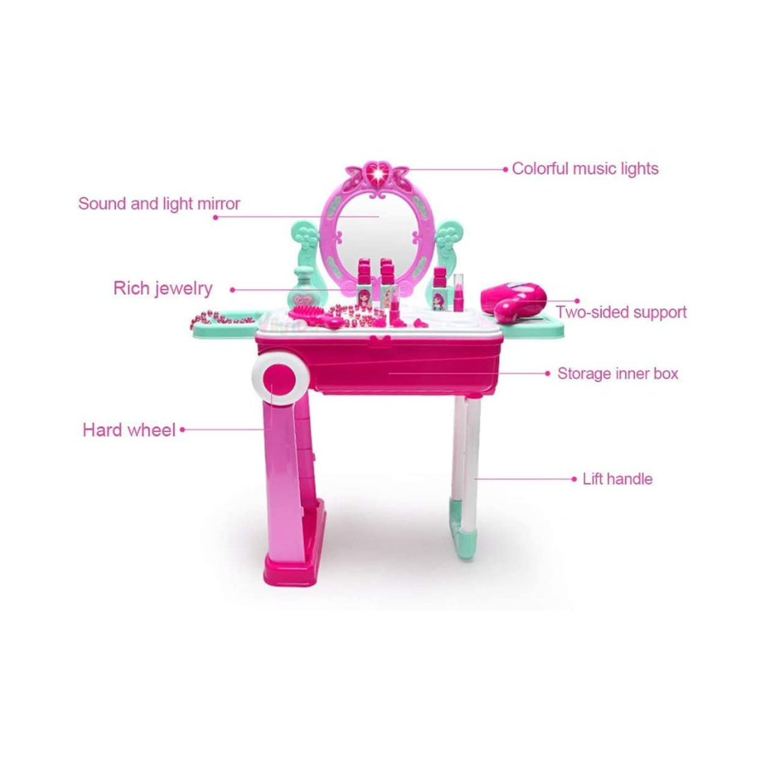 Beauty Makeup Kit for Doll Girls Cosmetic Set 2 in 1 Vanity Table Portable Trolley Pretend Play Set Toy with Make up Accessories