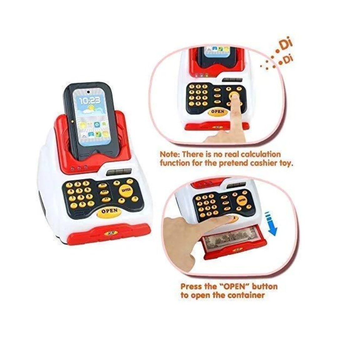 uper Market Style Cash Register Game with Checkout Scanner, Fruit Card Reader, Credit Card Machine, Play Money and Food Shopping Play Set for Kids