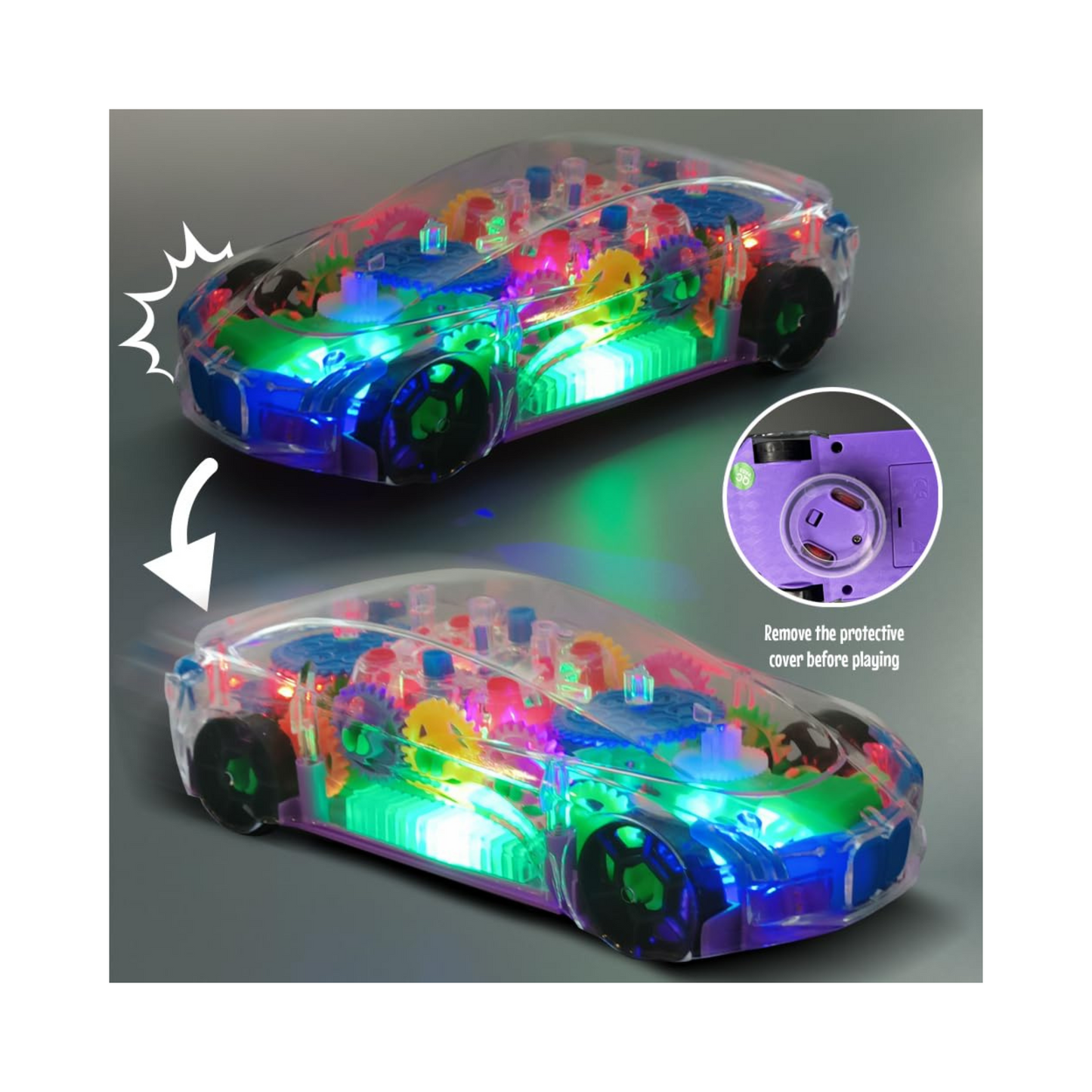 Transparent Mechanical GEAR Car|360° Auto Rotating Sensor Car|Gear Machine Vehicle with Multicolor LED Light & Music| Battery Operated