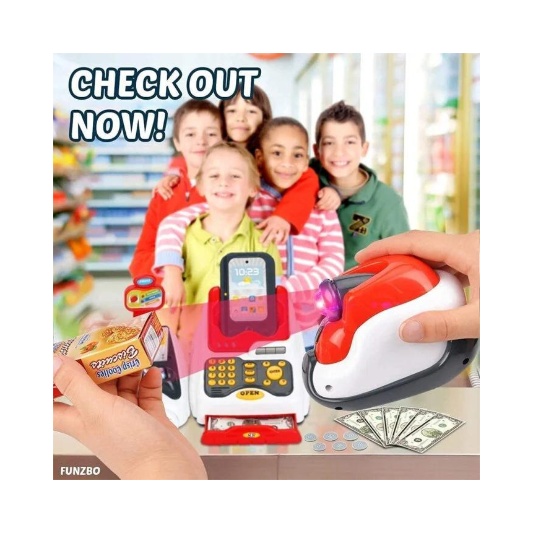 uper Market Style Cash Register Game with Checkout Scanner, Fruit Card Reader, Credit Card Machine, Play Money and Food Shopping Play Set for Kids