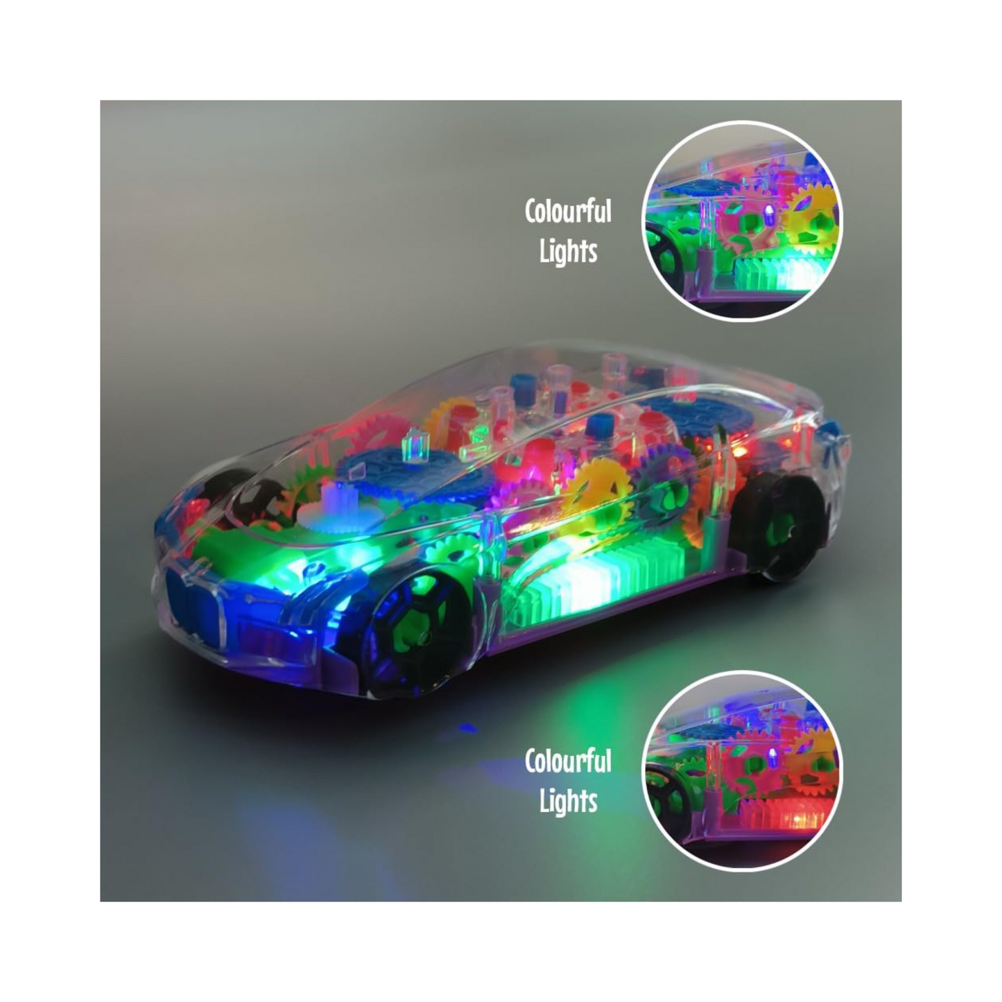 Transparent Mechanical GEAR Car|360° Auto Rotating Sensor Car|Gear Machine Vehicle with Multicolor LED Light & Music| Battery Operated