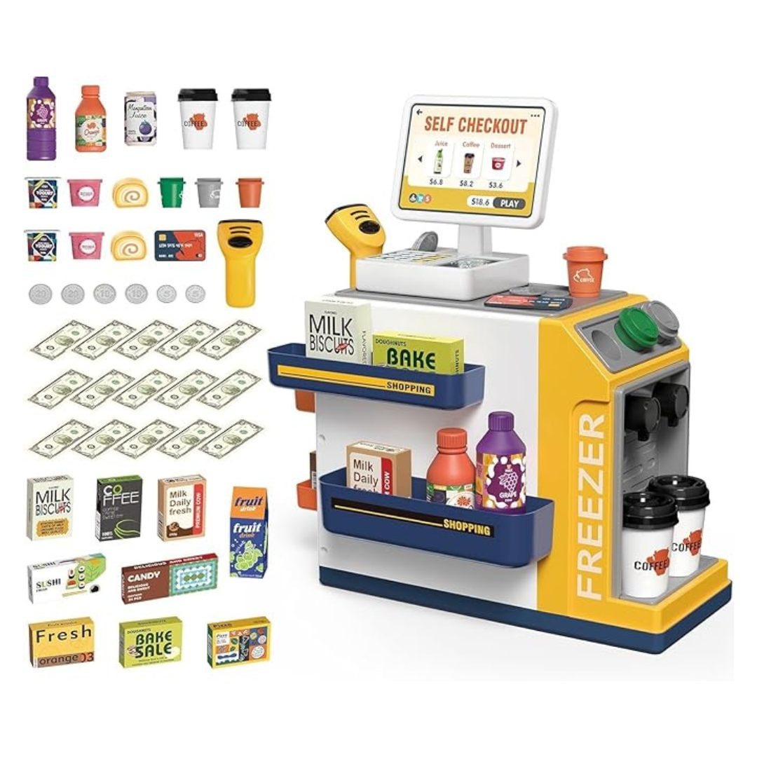 Cash Register Playset for Kids Pretend Play Mini Supermarket Cashier Grocery Store with Money, Scanner, Coffee Machine,Credit Card and Play Foods, Gift for Toddler